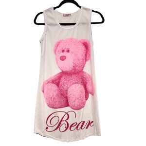 NEW Yessy Solid White Pink Teddy Bear Graphic Scoop Neck Sleeveless Tank Dress